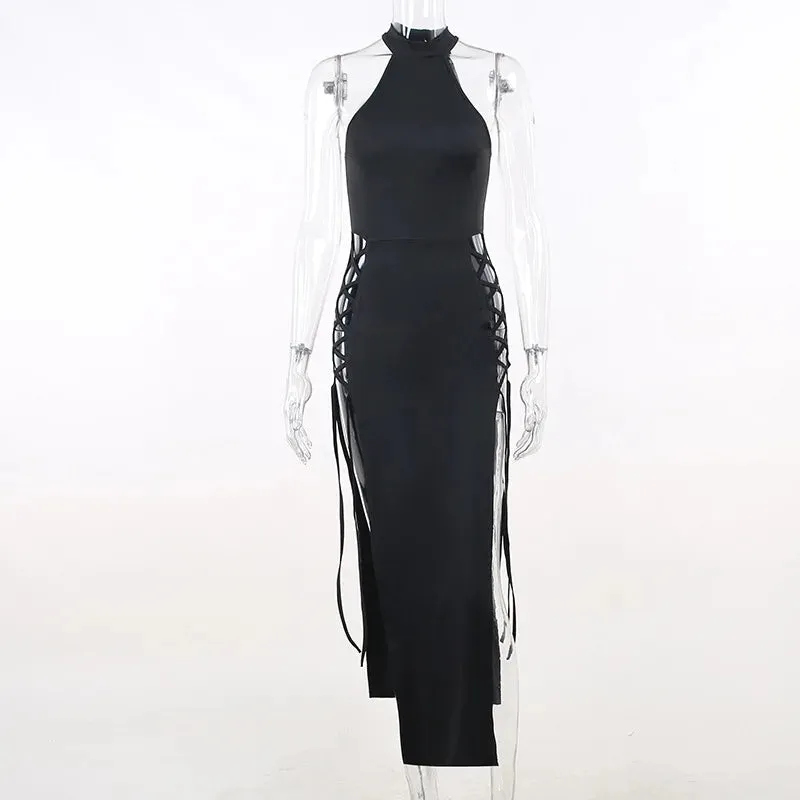 Dark Cosplay Gothic Lace-Up Halter Dress High Side Splits
