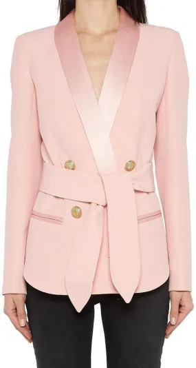 Double Breasted Satin Lapel Blazer - Pink, Black or White