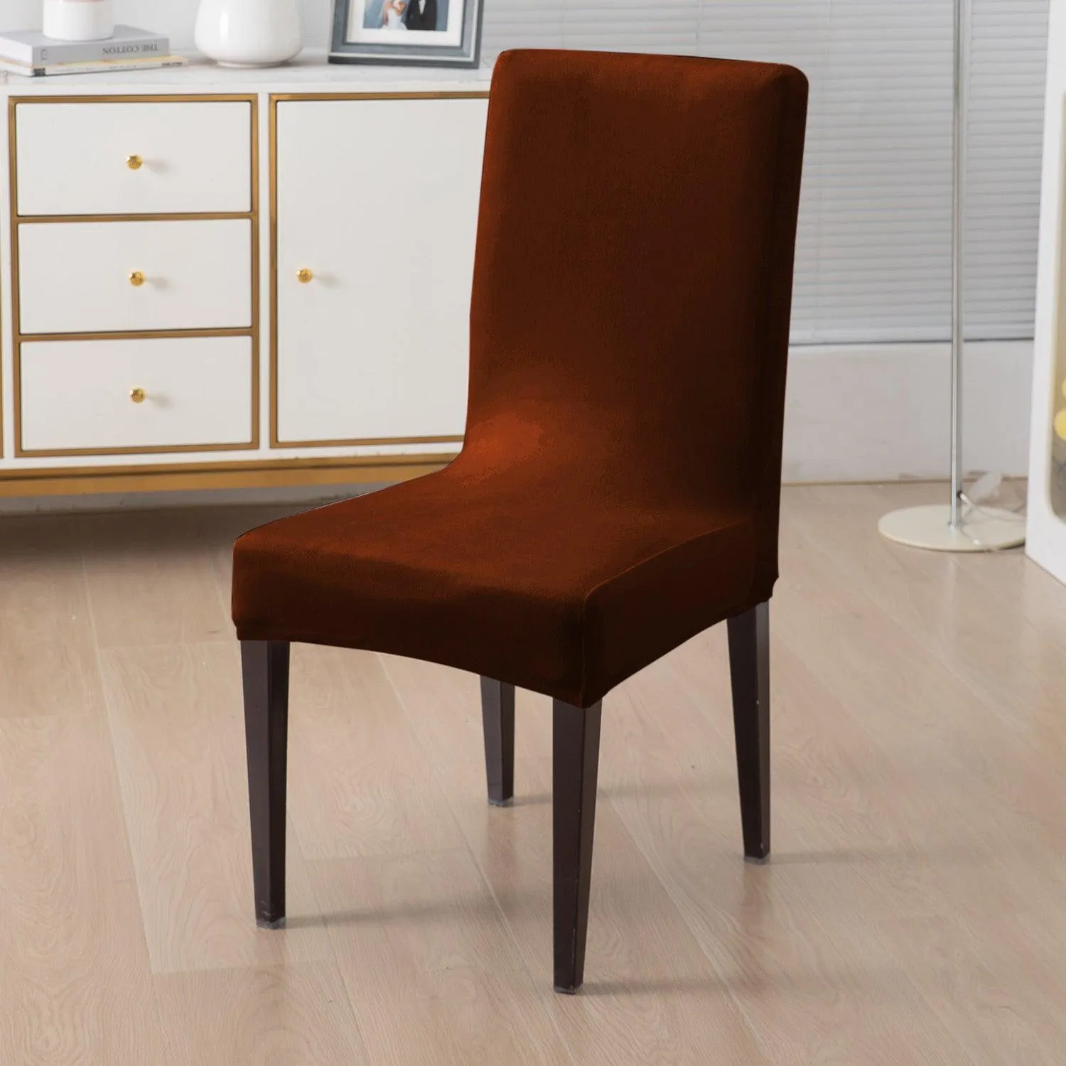 Elastic Stretchable Premium Velvet Dining Chair Cover, Rustic Brown