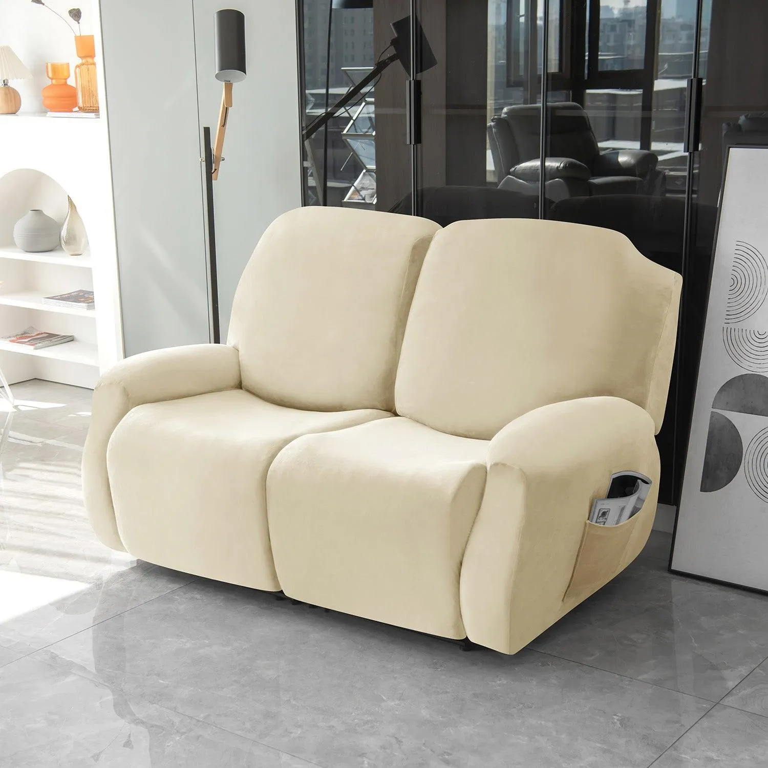 Elastic Stretchable Premium Velvet Recliner Cover, Beige