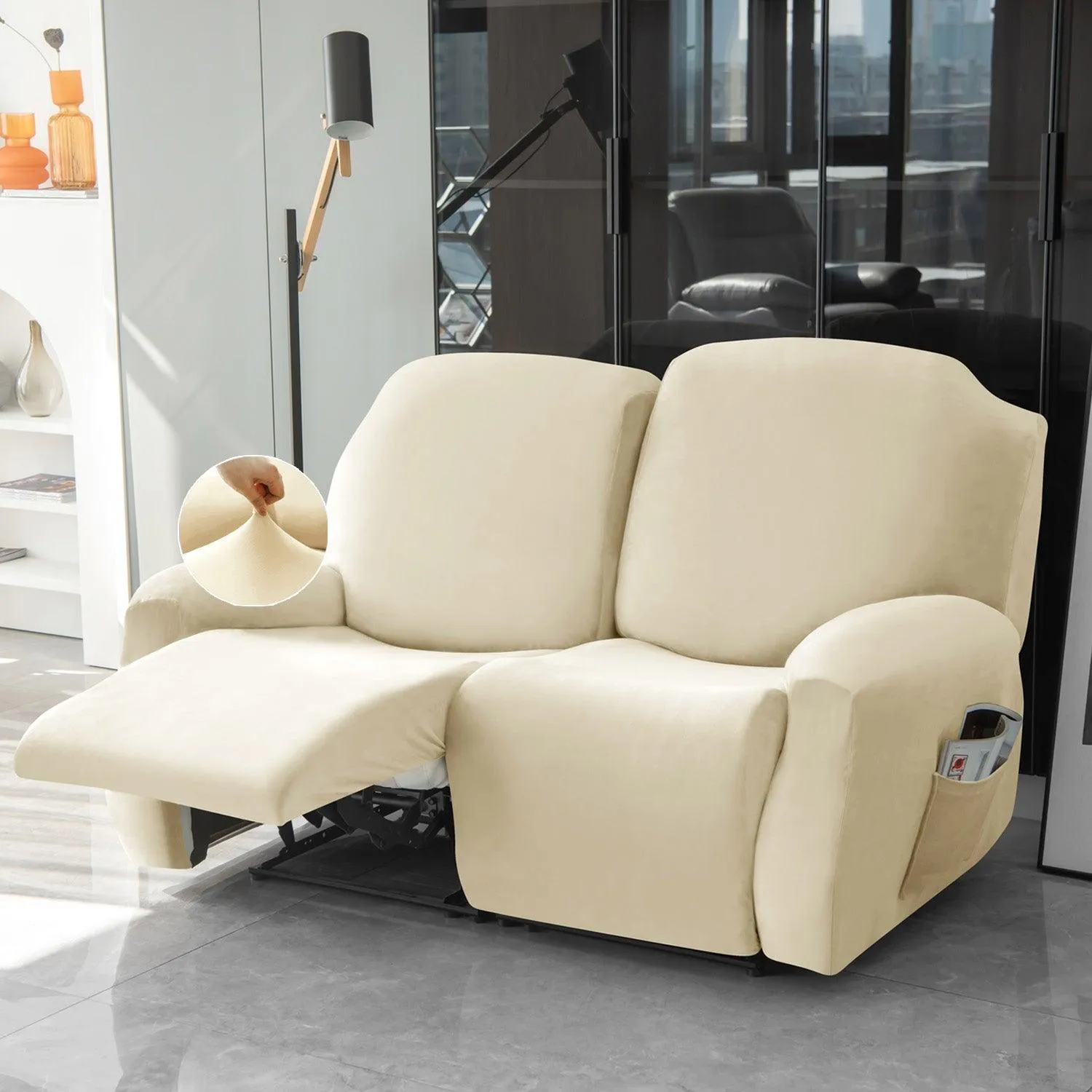 Elastic Stretchable Premium Velvet Recliner Cover, Beige