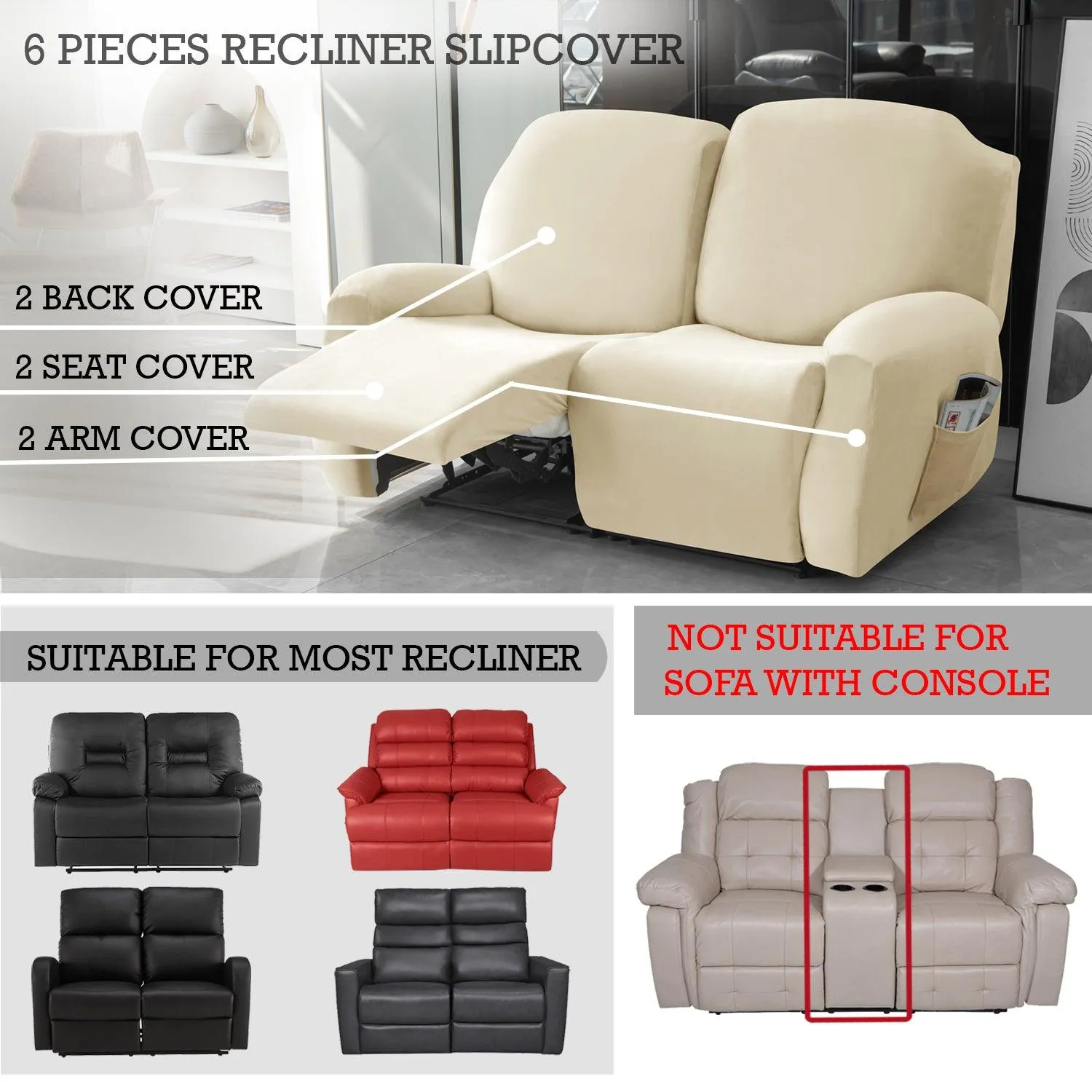 Elastic Stretchable Premium Velvet Recliner Cover, Beige