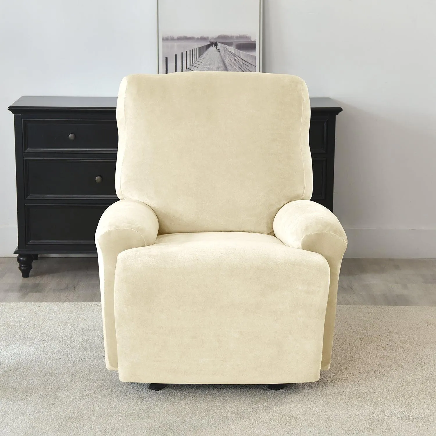 Elastic Stretchable Premium Velvet Recliner Cover, Beige
