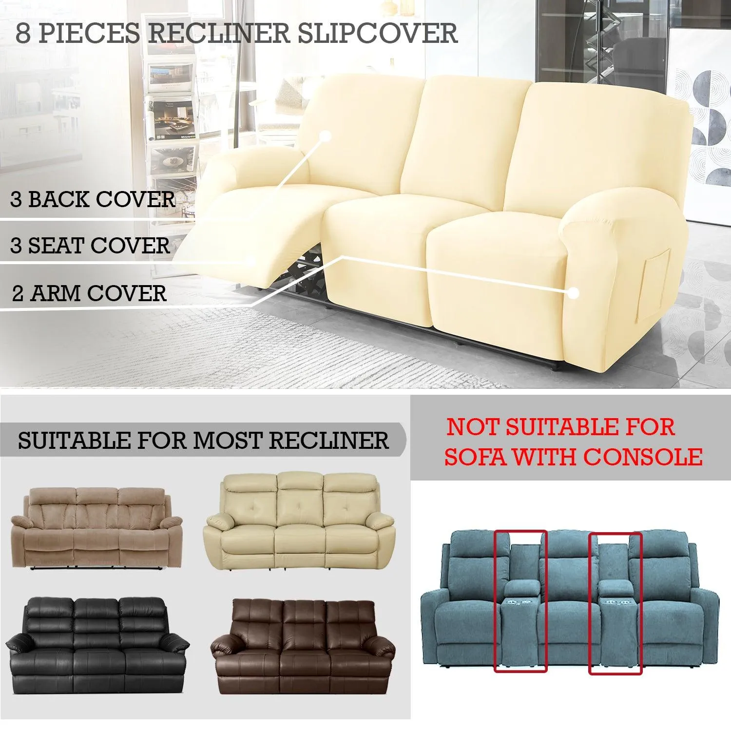 Elastic Stretchable Premium Velvet Recliner Cover, Beige
