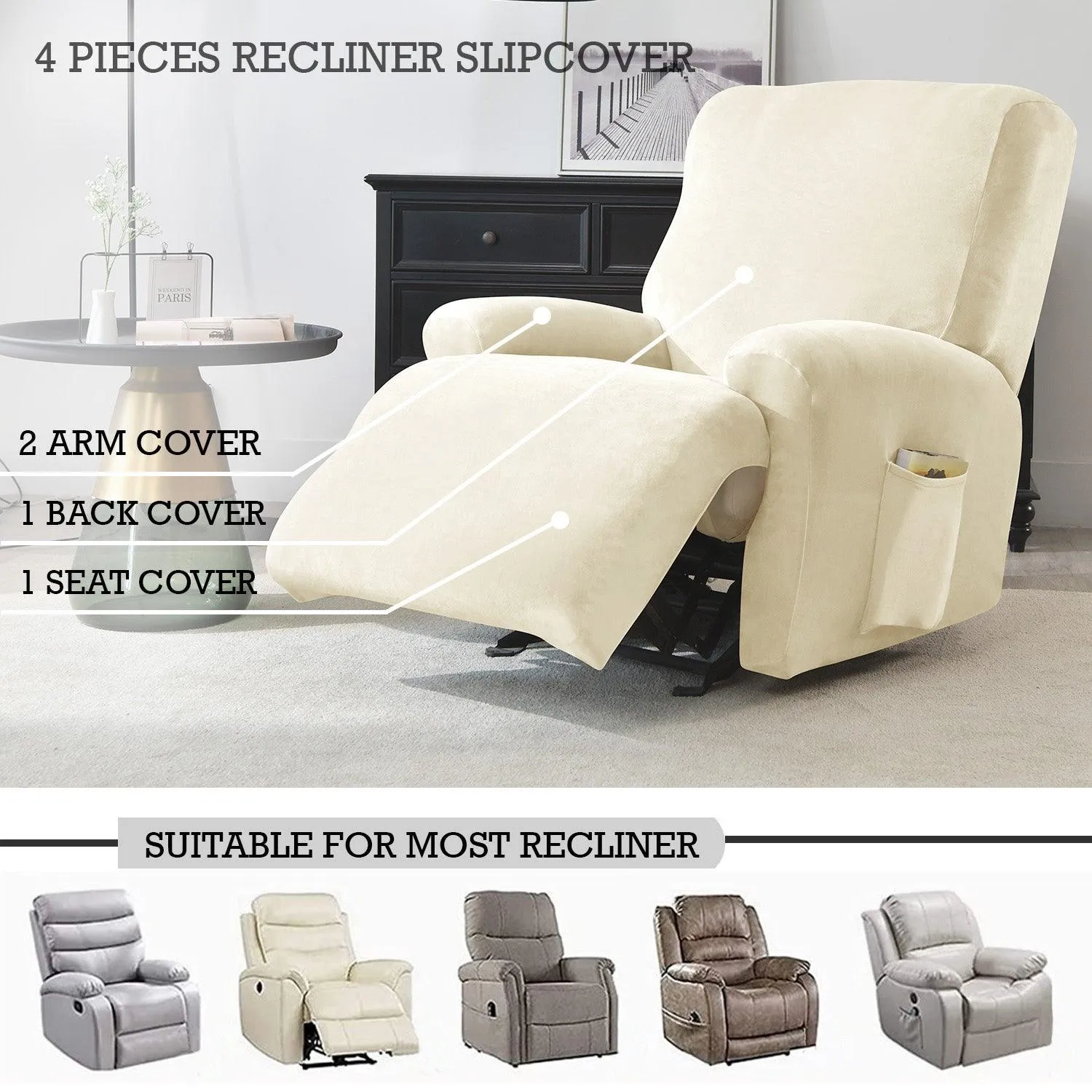 Elastic Stretchable Premium Velvet Recliner Cover, Beige
