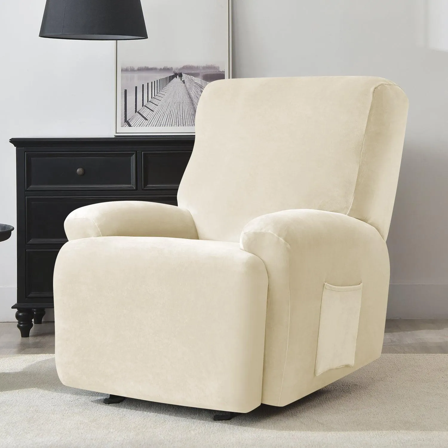 Elastic Stretchable Premium Velvet Recliner Cover, Beige