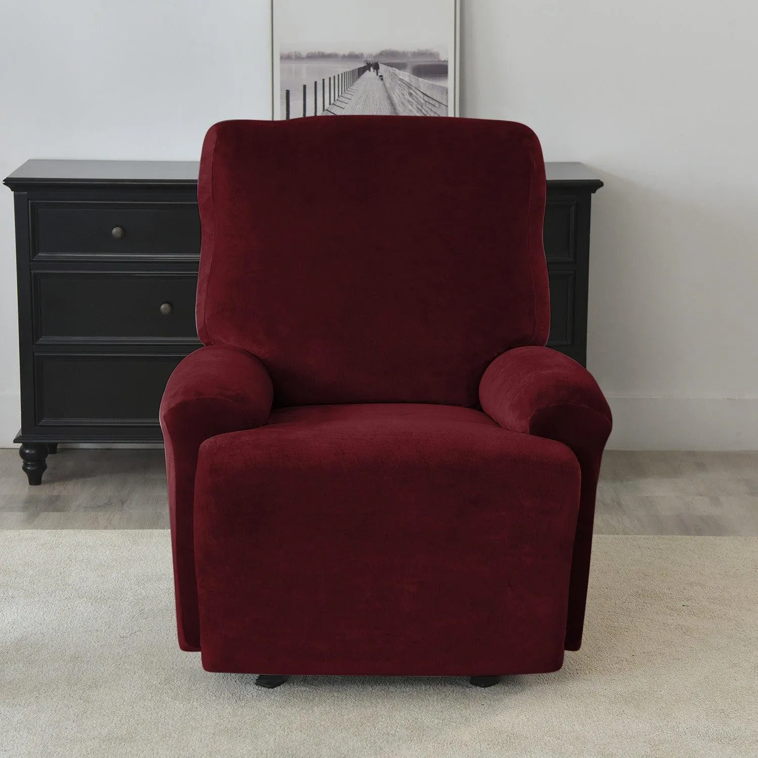 Elastic Stretchable Premium Velvet Recliner Cover, Burgundy