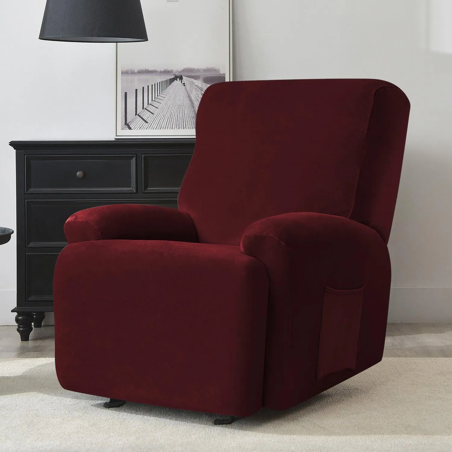 Elastic Stretchable Premium Velvet Recliner Cover, Burgundy