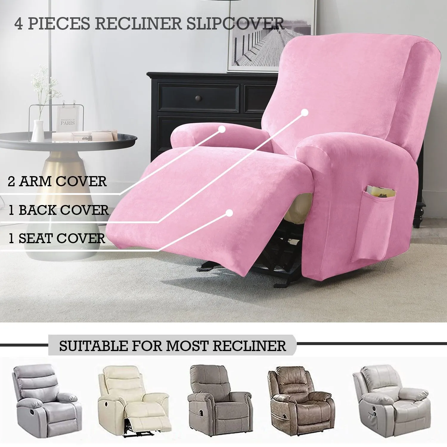 Elastic Stretchable Premium Velvet Recliner Cover, Pink