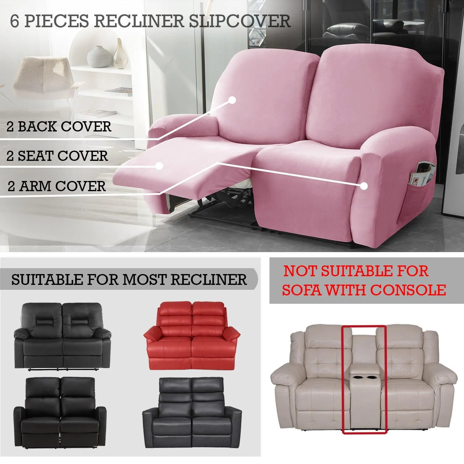 Elastic Stretchable Premium Velvet Recliner Cover, Pink