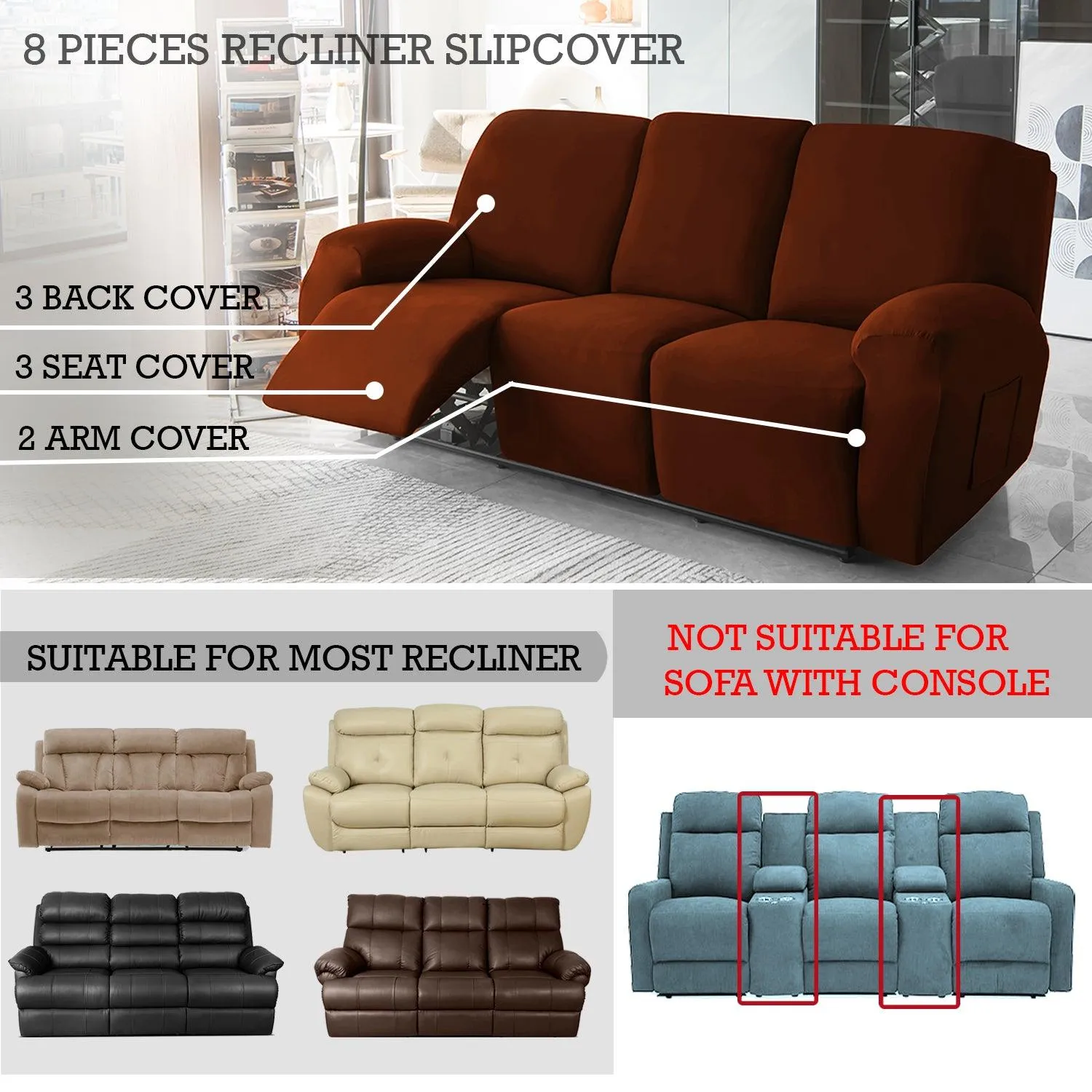 Elastic Stretchable Premium Velvet Recliner Cover, Rustic Brown