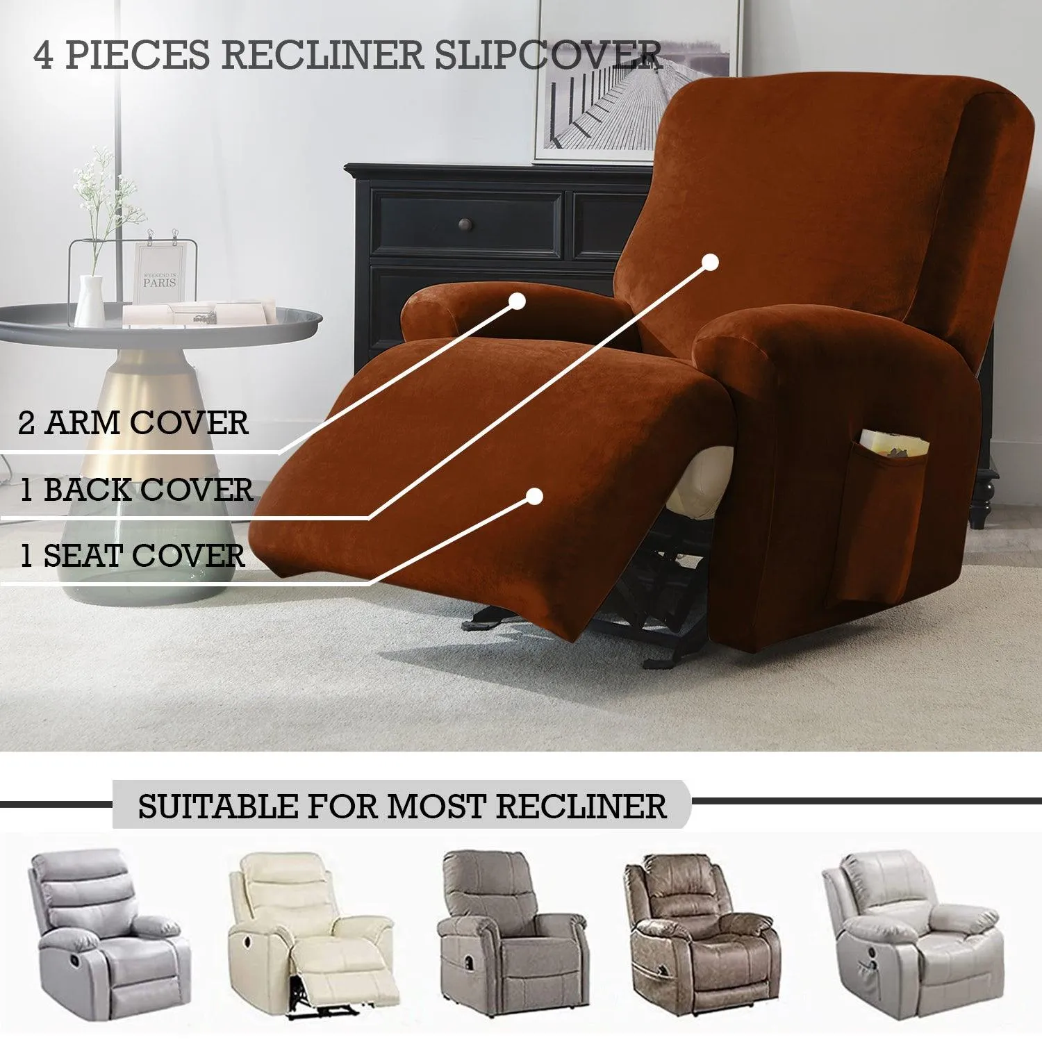Elastic Stretchable Premium Velvet Recliner Cover, Rustic Brown