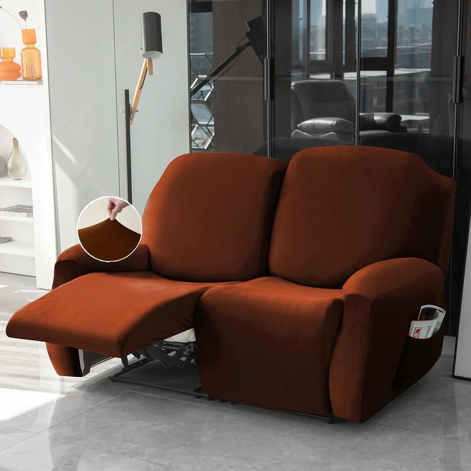 Elastic Stretchable Premium Velvet Recliner Cover, Rustic Brown