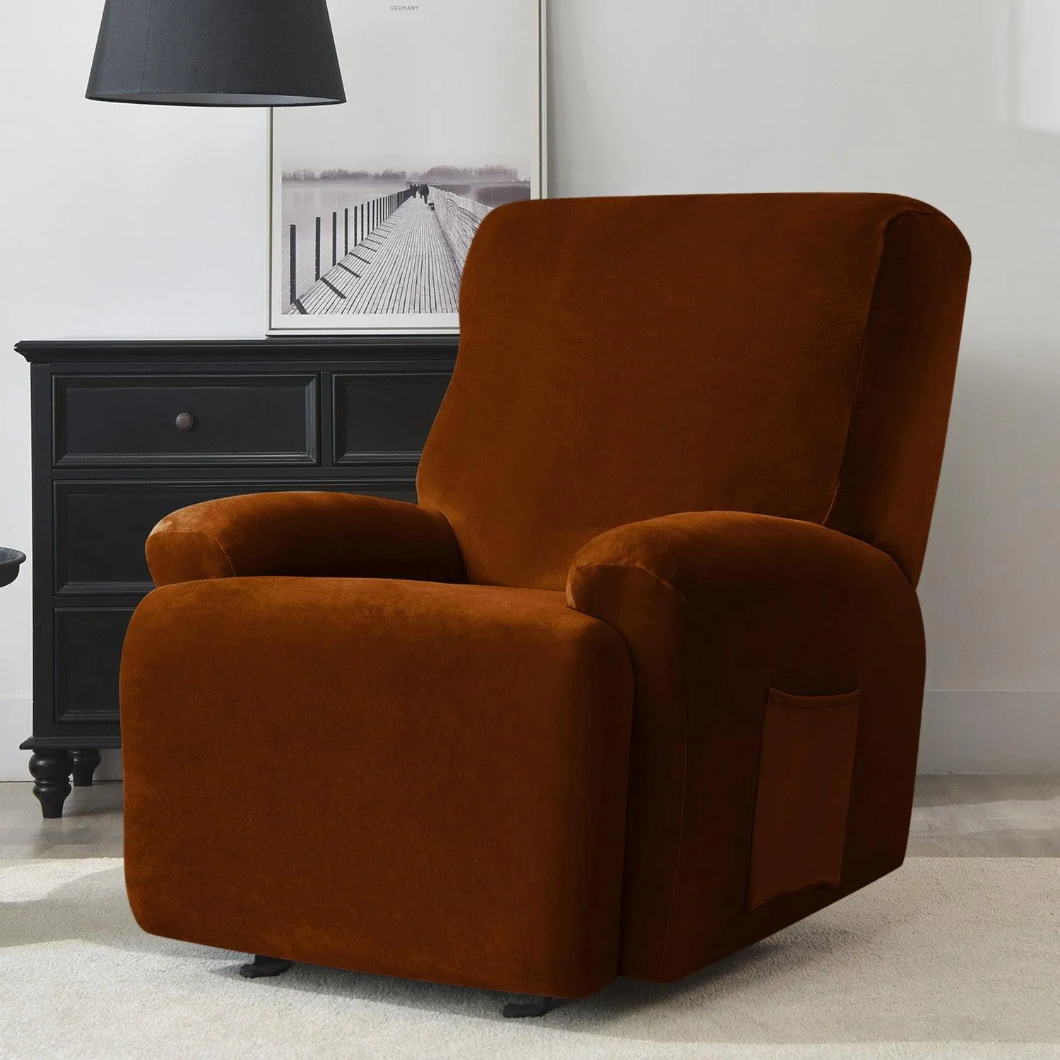 Elastic Stretchable Premium Velvet Recliner Cover, Rustic Brown