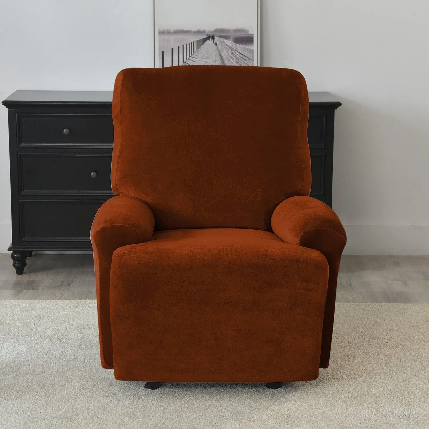 Elastic Stretchable Premium Velvet Recliner Cover, Rustic Brown
