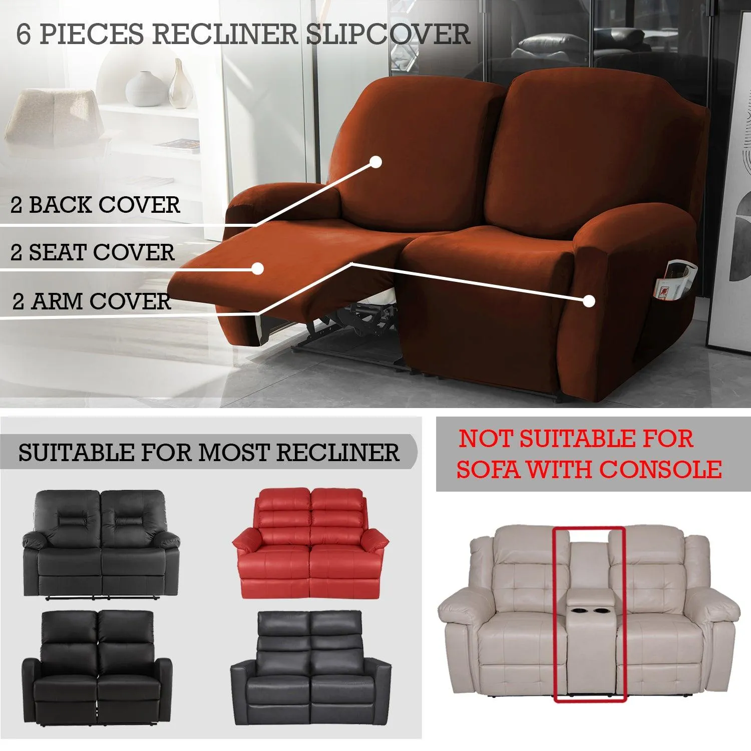 Elastic Stretchable Premium Velvet Recliner Cover, Rustic Brown
