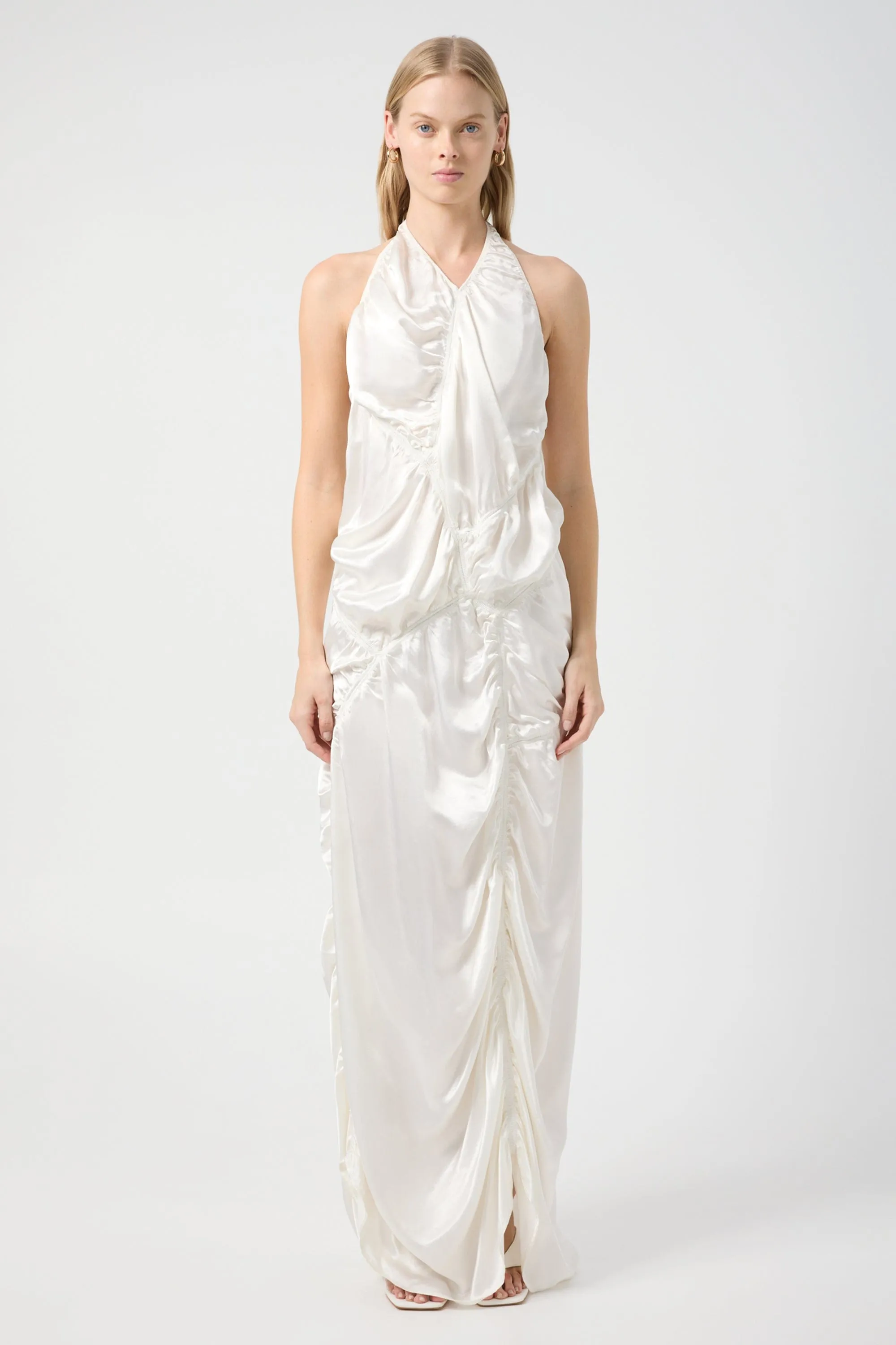 ELEMENTAL RUCHED HALTER DRESS | WHITE