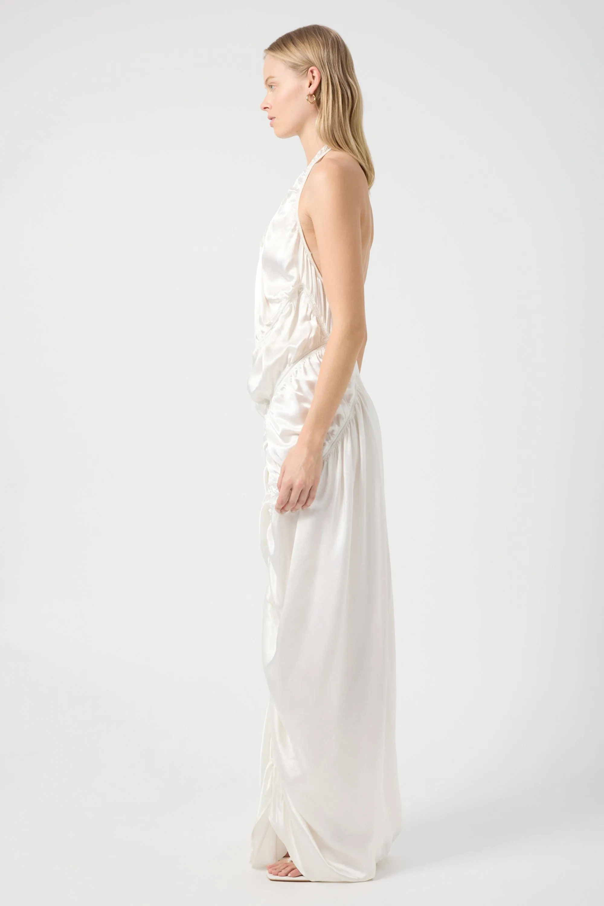 ELEMENTAL RUCHED HALTER DRESS | WHITE
