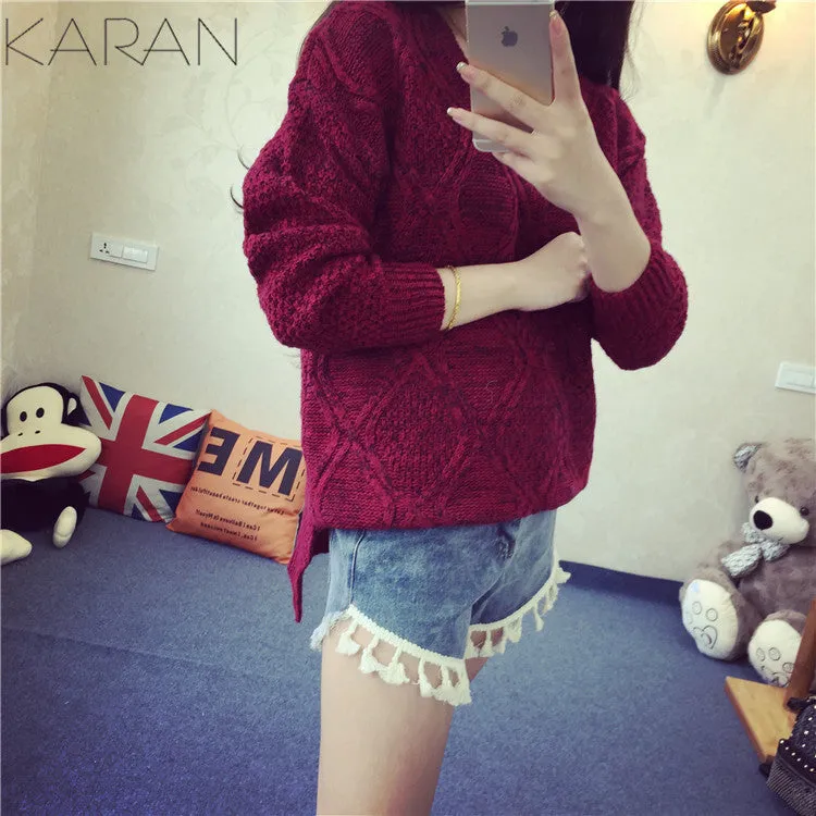 Fashion Long Sleeve Dip Hem Argyle Sweaters