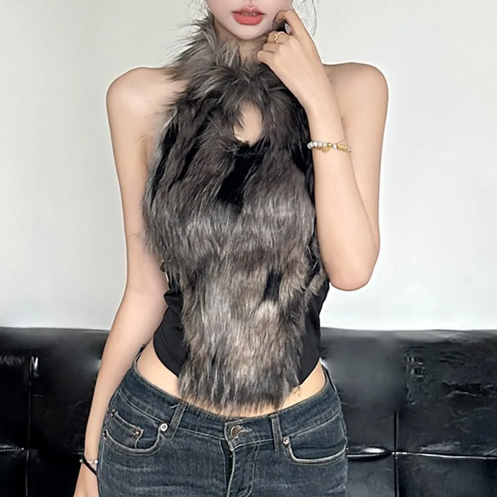 Faux Fur Open Back Halter Top
