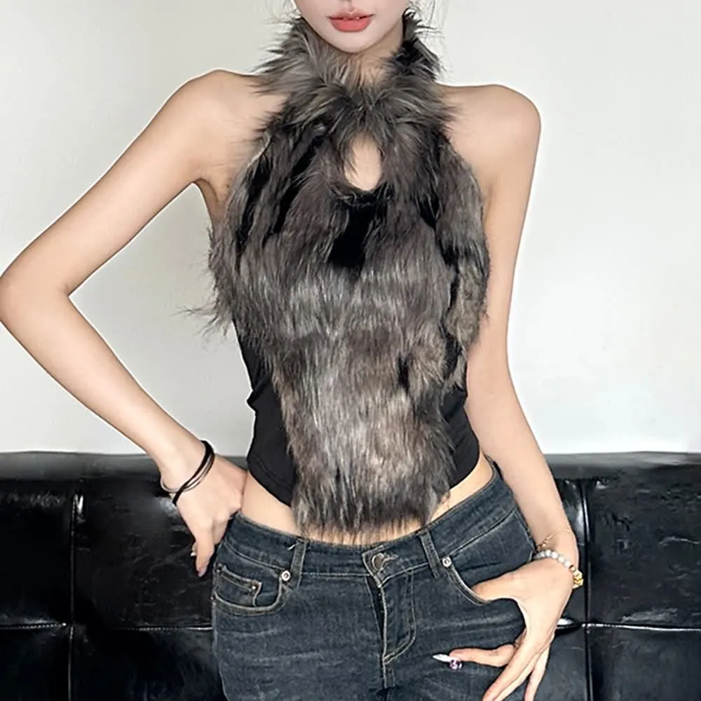 Faux Fur Open Back Halter Top