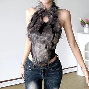 Faux Fur Open Back Halter Top