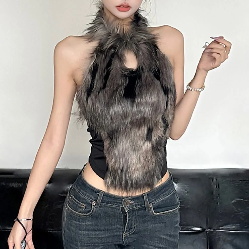 Faux Fur Open Back Halter Top