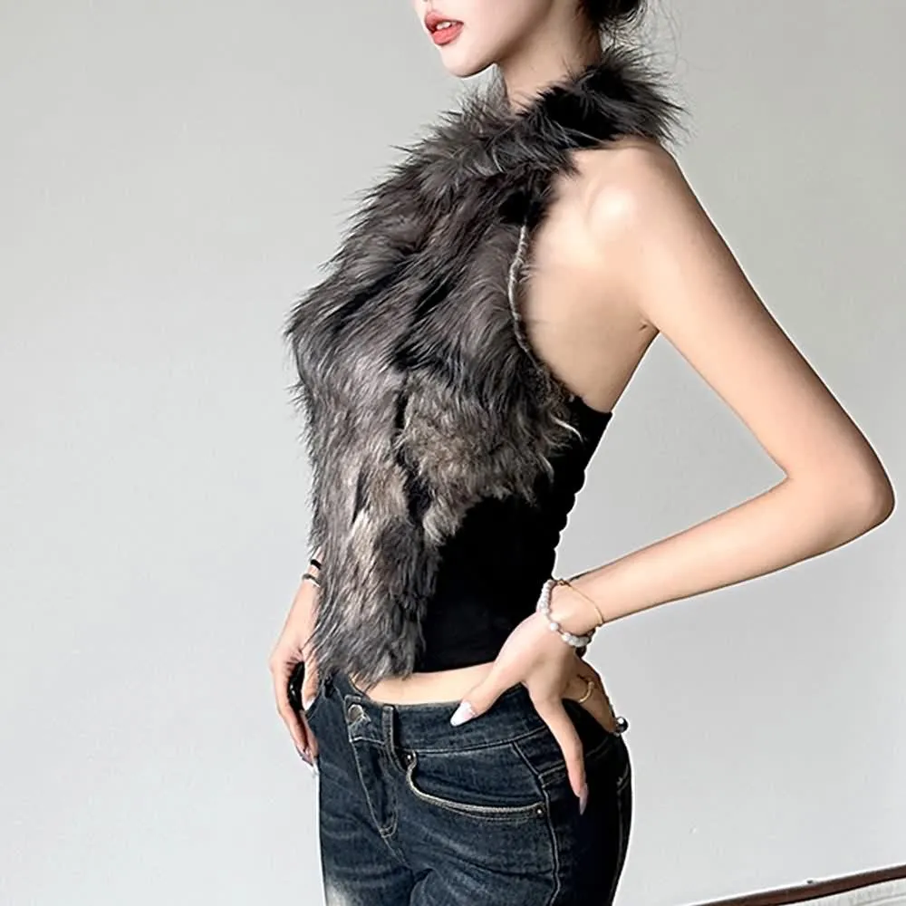 Faux Fur Open Back Halter Top