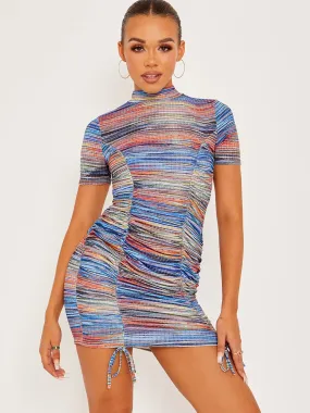 Fiion Multi Coloured Ribbed Ruched Dress In Blue