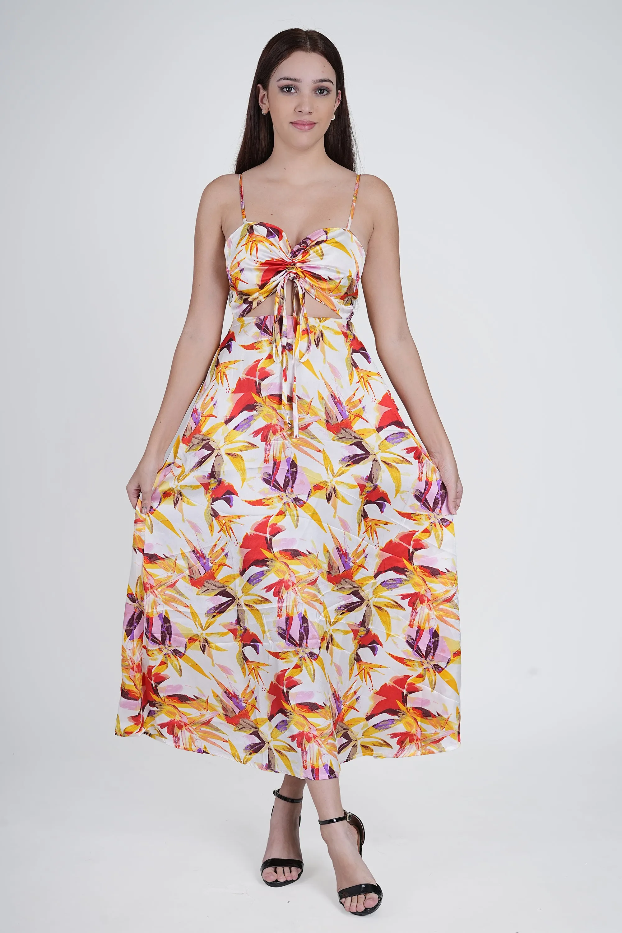 Flawless Floral cut out Satin Dress - Yellow & Orange