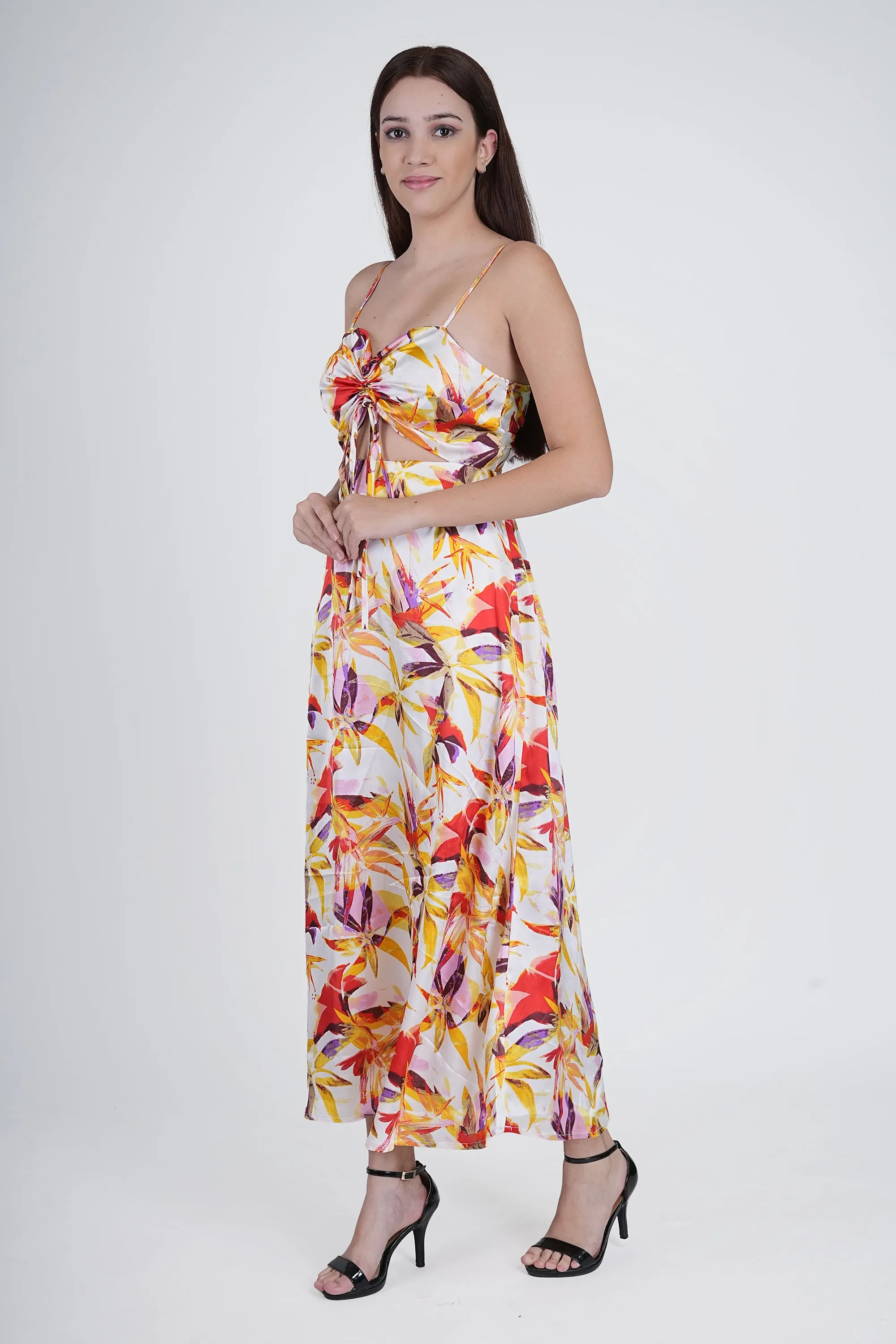 Flawless Floral cut out Satin Dress - Yellow & Orange
