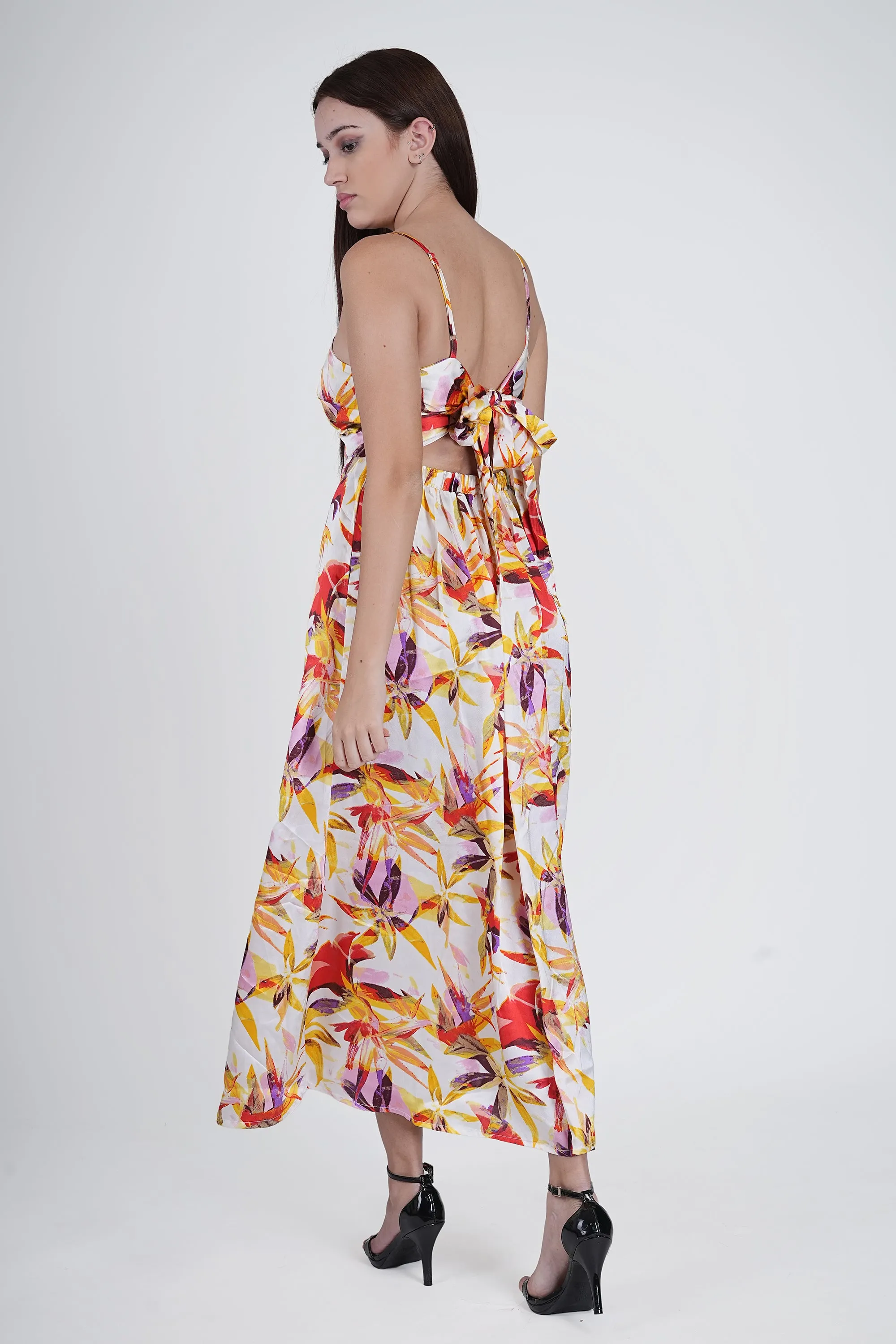 Flawless Floral cut out Satin Dress - Yellow & Orange