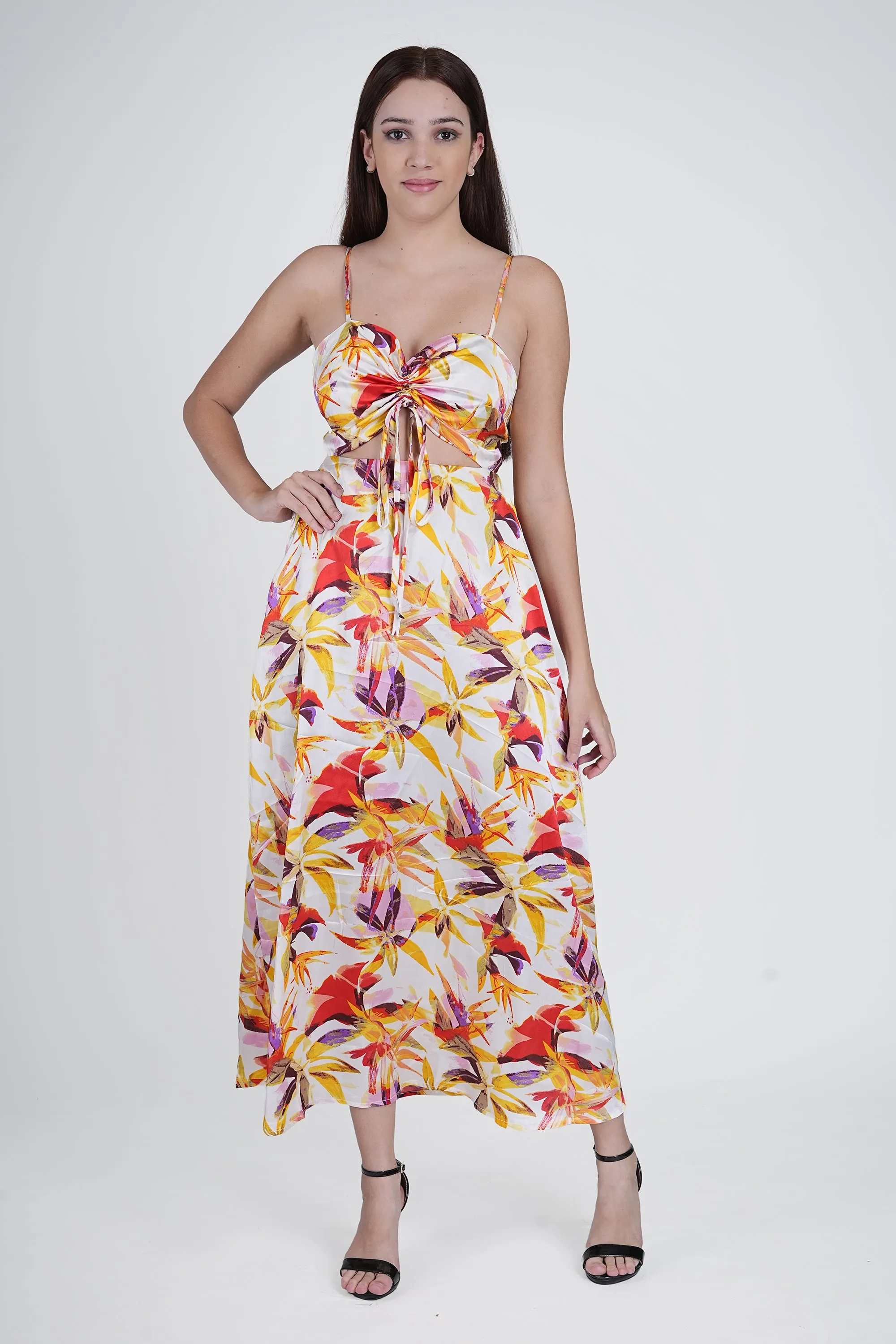 Flawless Floral cut out Satin Dress - Yellow & Orange