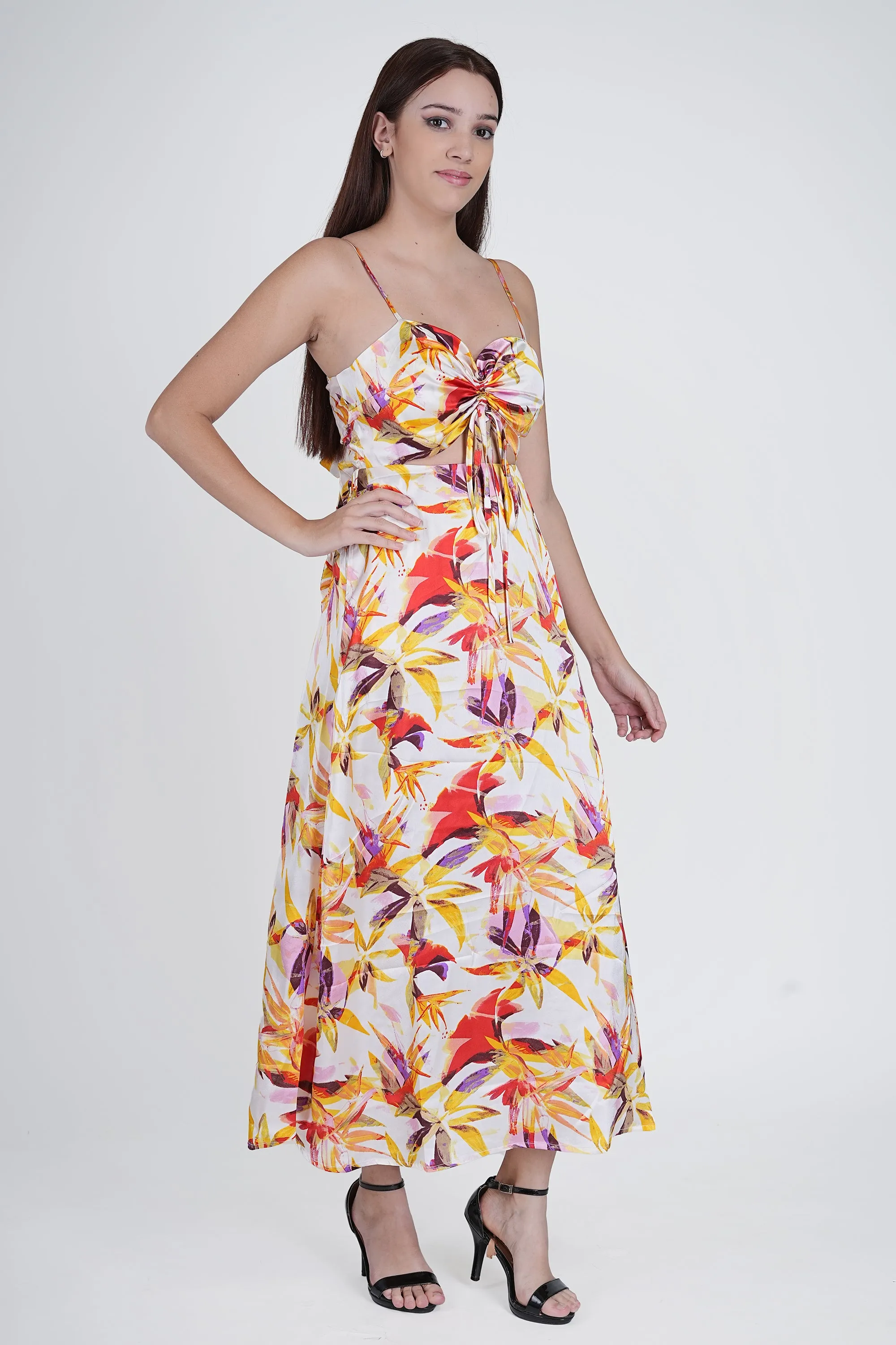 Flawless Floral cut out Satin Dress - Yellow & Orange