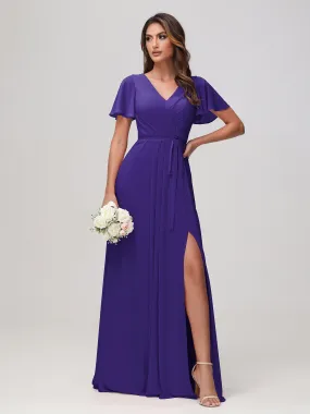 Flutter Sleeves Ruched Chiffon Dress with Sash Regency