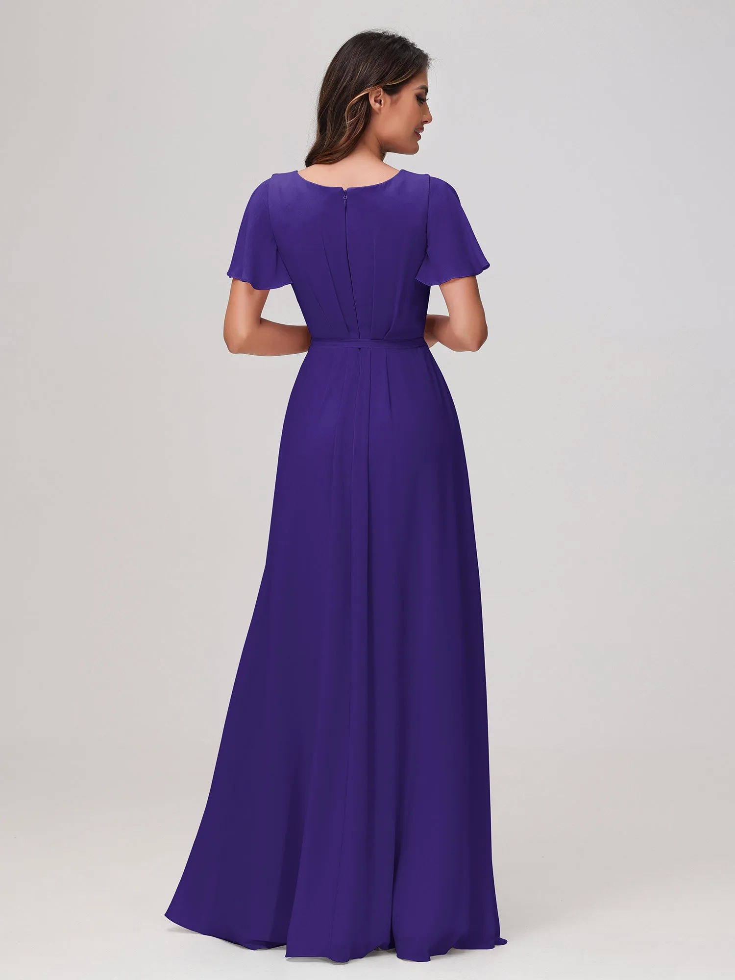 Flutter Sleeves Ruched Chiffon Dress with Sash Regency