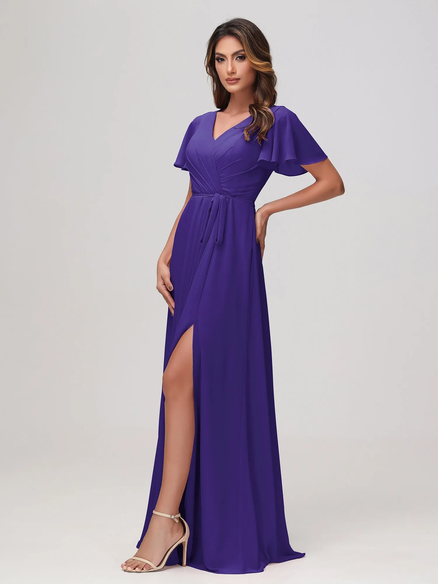 Flutter Sleeves Ruched Chiffon Dress with Sash Regency