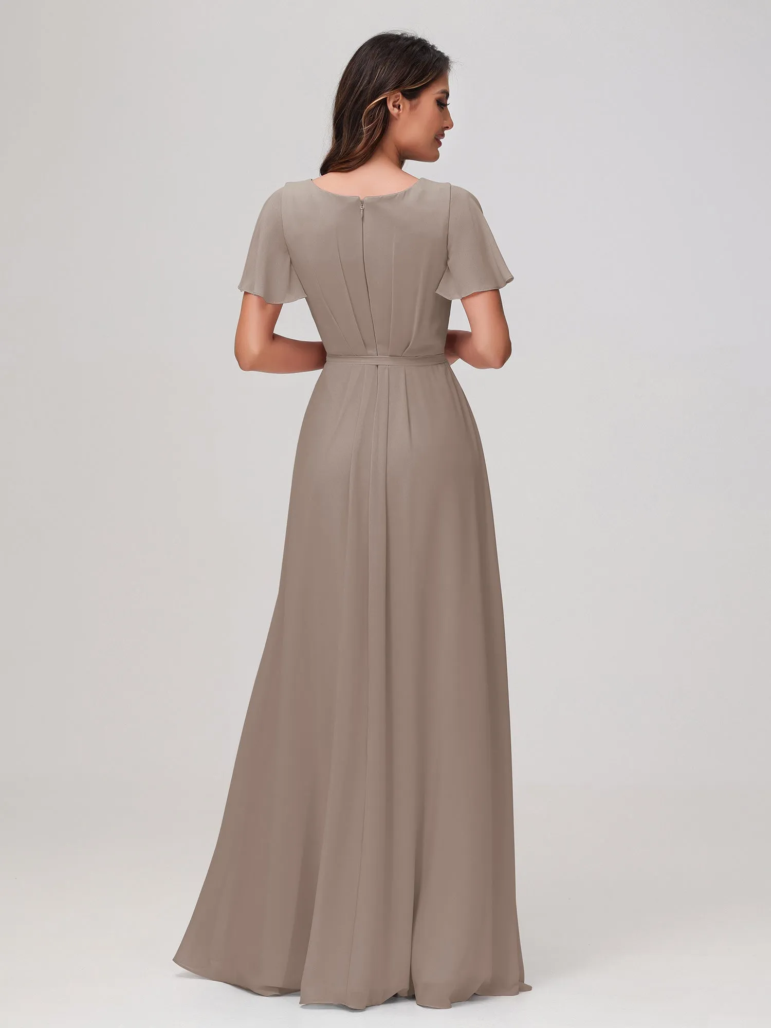 Flutter Sleeves Ruched Chiffon Dress with Sash Taupe