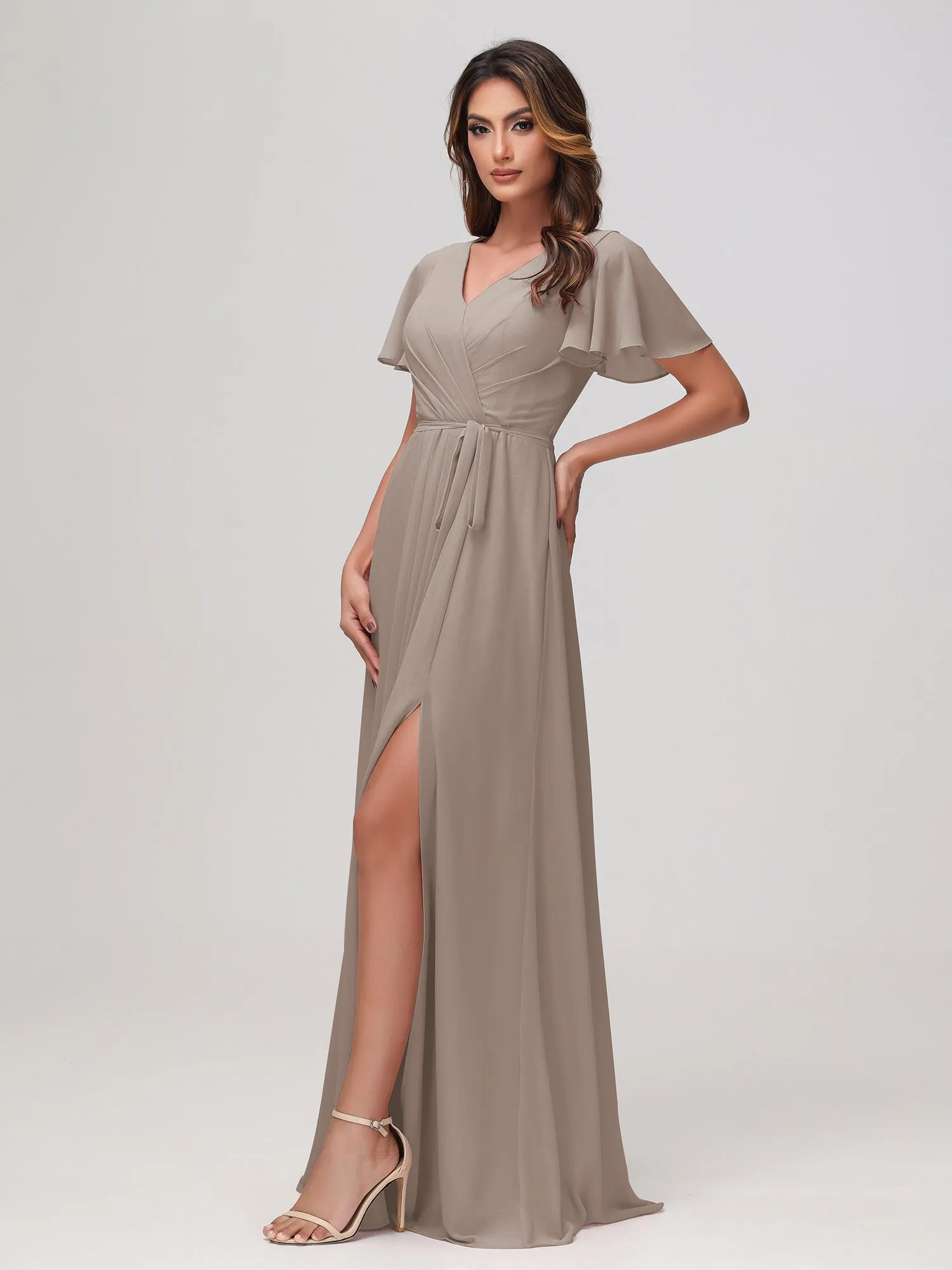 Flutter Sleeves Ruched Chiffon Dress with Sash Taupe