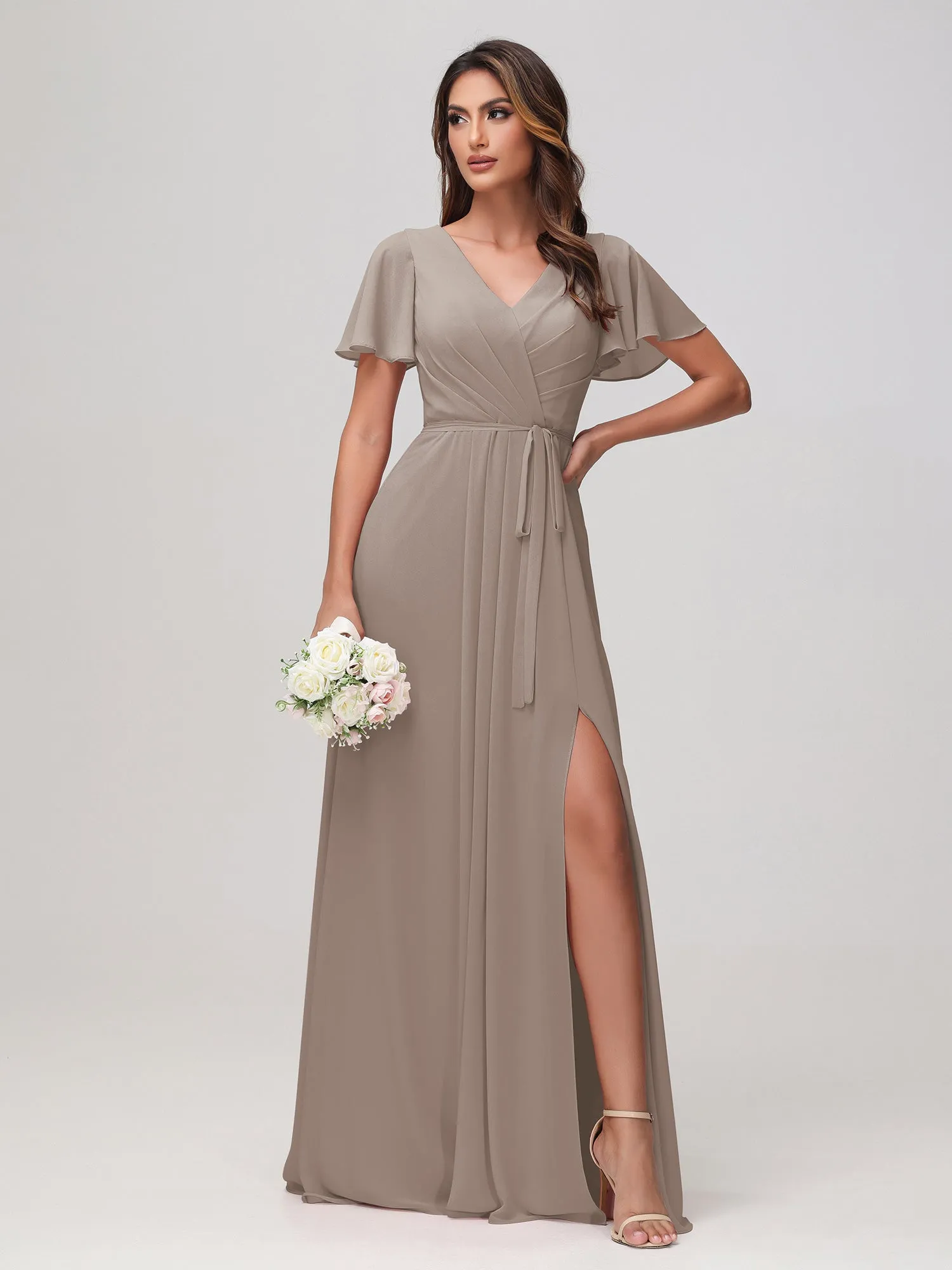 Flutter Sleeves Ruched Chiffon Dress with Sash Taupe