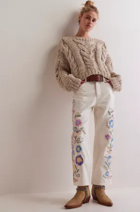 FREE PEOPLE WILLOW FLORAL EMBROIDERED JEANS IN ECRU