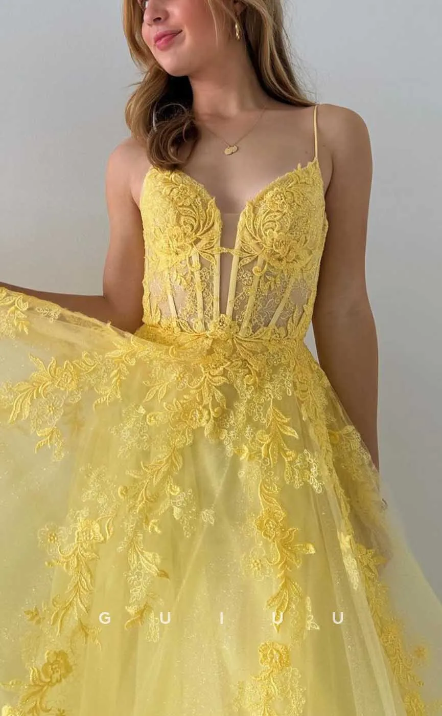 G4277 - Chic & Modern A-Line V-Neck Floral Appliqued and Ruched Evening Party Prom Dress