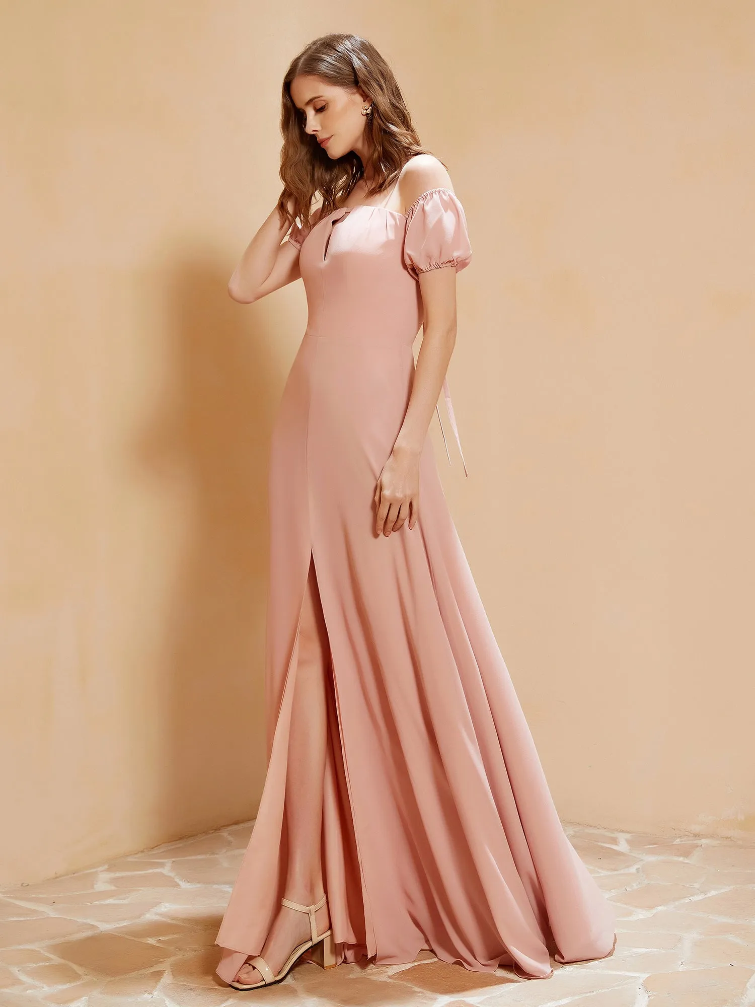 Half Sleeve Backless A-line Chiffon Dress Dusty Rose Plus Size