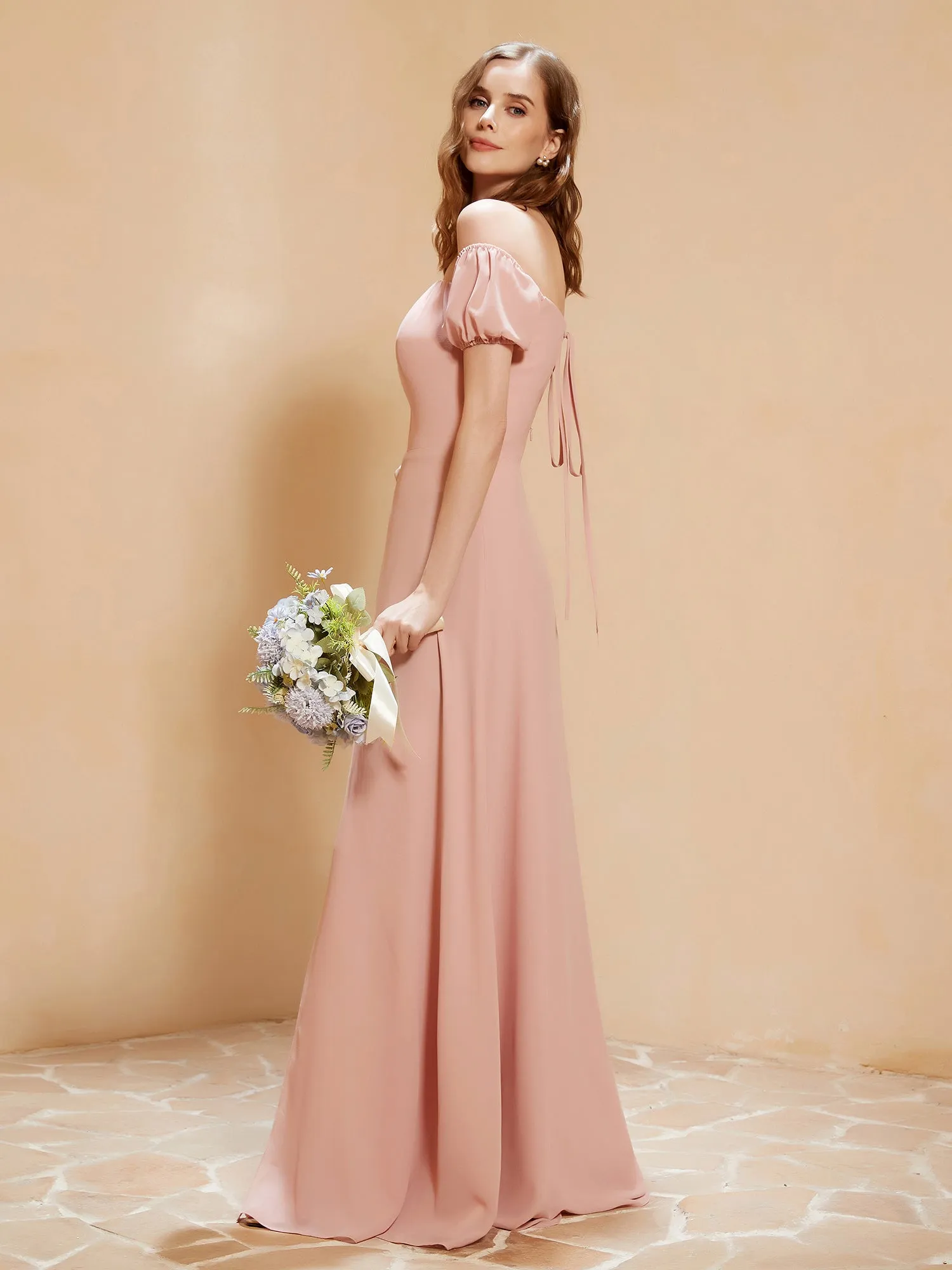 Half Sleeve Backless A-line Chiffon Dress Dusty Rose Plus Size