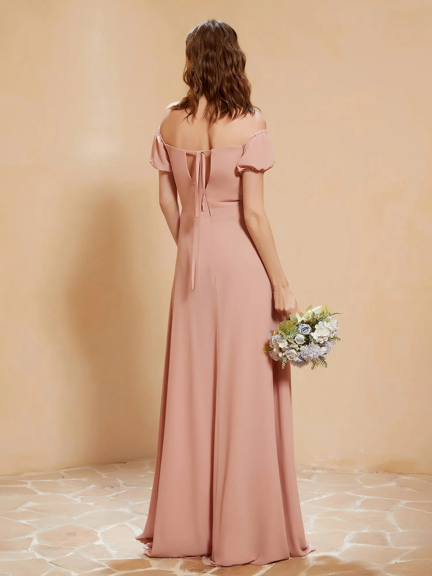 Half Sleeve Backless A-line Chiffon Dress Dusty Rose Plus Size