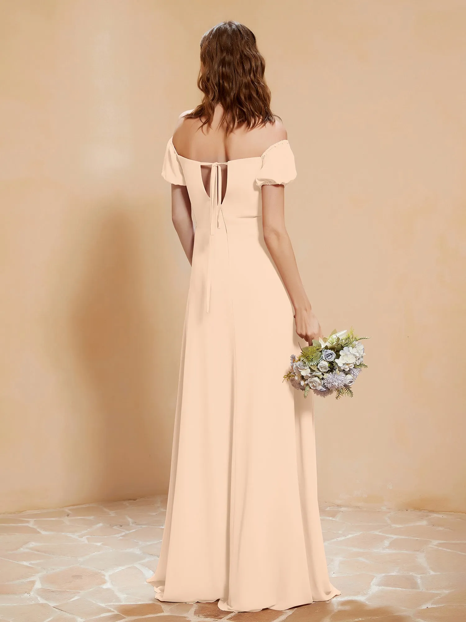 Half Sleeve Backless A-line Chiffon Dress Peach Plus Size