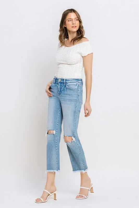 High Rise Frayed Hem Crop Straight Jeans