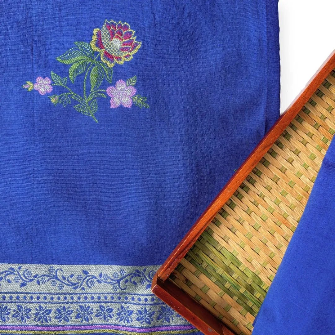 Indigo Blue Flowers From Heaven Pure Linen Kurta Fabric (2.5 Meters) | and Cotton Pyjama (2.5 Meters) | Unstitched Combo Set