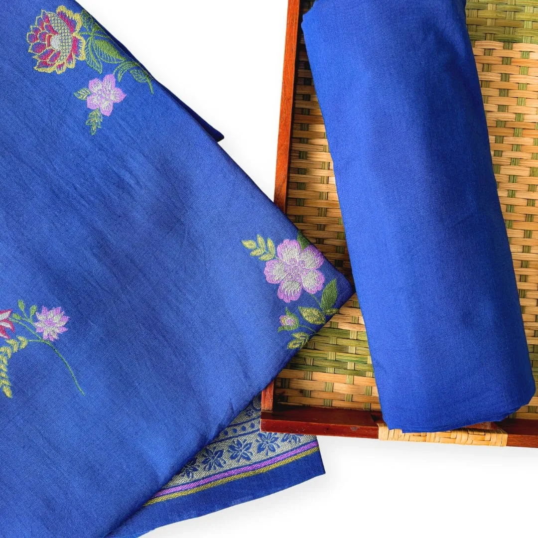 Indigo Blue Flowers From Heaven Pure Linen Kurta Fabric (2.5 Meters) | and Cotton Pyjama (2.5 Meters) | Unstitched Combo Set