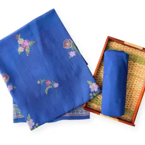 Indigo Blue Flowers From Heaven Pure Linen Kurta Fabric (2.5 Meters) | and Cotton Pyjama (2.5 Meters) | Unstitched Combo Set